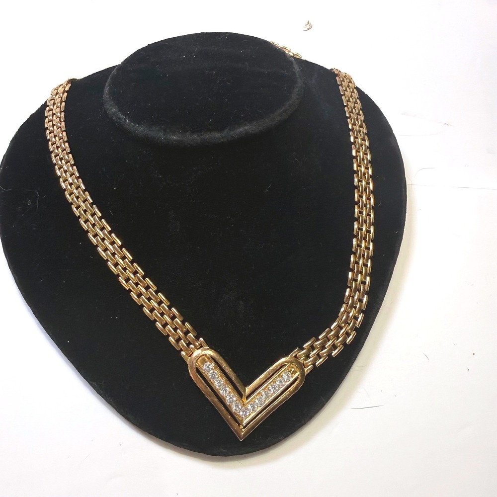 Vintage Gold Tone Panther Link Chevron V Rhinestone Statement Necklace 17 Inch